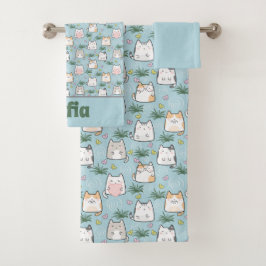 Niedlicher kawaii kitty muster azurblau name badhandtuch set