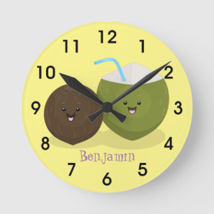 Niedlicher Kawaii Kokosnuss Cartoon Illustration Runde Wanduhr