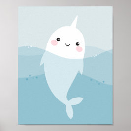 Niedlicher Kawaii Narwhal, der in sanften, blauen  Poster