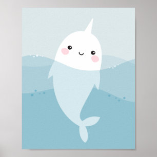 Niedlicher Kawaii Narwhal, der in sanften, blauen Poster