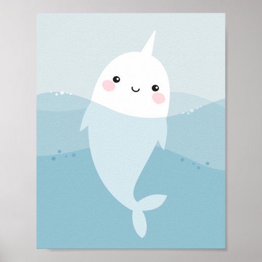 Niedlicher Kawaii Narwhal, der in sanften, blauen  Poster (Vorne)