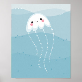 Niedlicher Kawaii-Quallenfisch, der in sanften, bl Poster