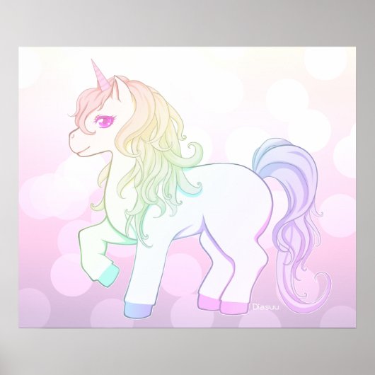 Niedlicher Kawaii-Regenbogenfarbener Einhornpony Poster (Vorne)
