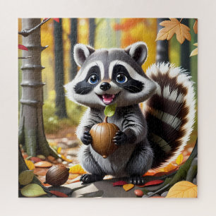 Niedlicher Kawaii-Stil Raccoon Herbsteinstellung Puzzle