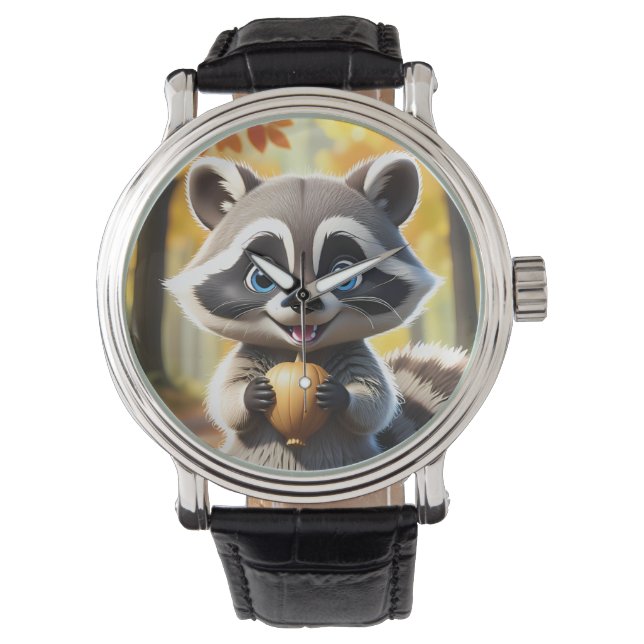 Niedlicher Kawaii-Stil Racoon mit Eichel Armbanduhr (Vorderseite)