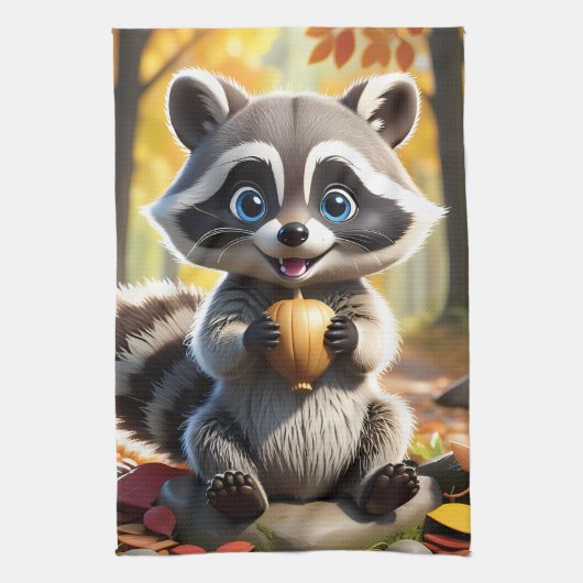 Niedlicher Kawaii-Stil Racoon mit Eichel Geschirrtuch (Vertikal)