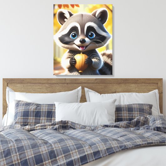 Niedlicher Kawaii-Stil Racoon mit Eichel Leinwanddruck (Insitu (Schlafzimmer))