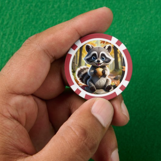 Niedlicher Kawaii-Stil Racoon mit Eichel Pokerchips (Hand)