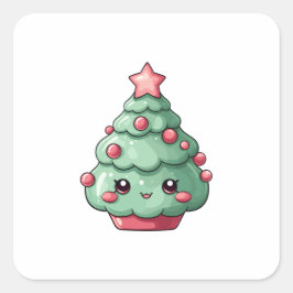 Niedlicher Kawaii-Weihnachtsbaum mit lächelndem Ge Quadratischer Aufkleber