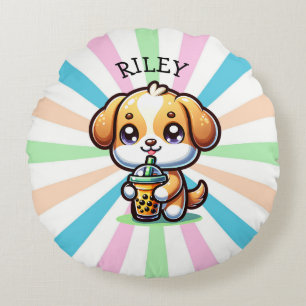 Niedlicher Kawaii Welpenhund mit Blasen-Tee Person Rundes Kissen