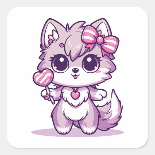 Niedlicher Kawaii Wolf mit Lollipop Quadratischer Aufkleber (Vorderseite)