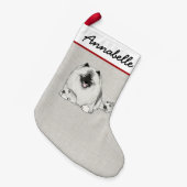 Niedlicher Keeshond Hund mit Welpen Keesie Holiday Kleiner Weihnachtsstrumpf (Vorderansicht (hängend))