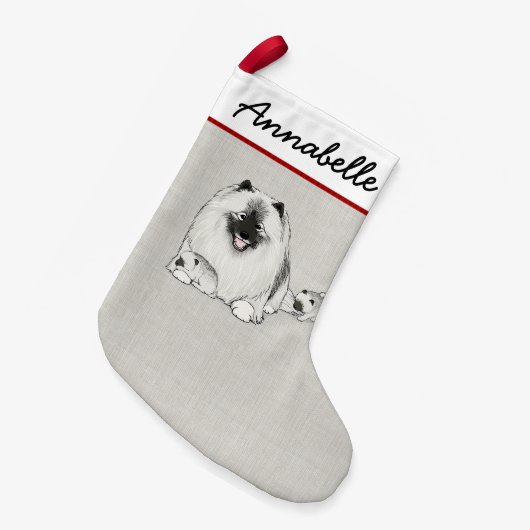 Niedlicher Keeshond Hund mit Welpen Keesie Holiday Kleiner Weihnachtsstrumpf (Vorderansicht (hängend))