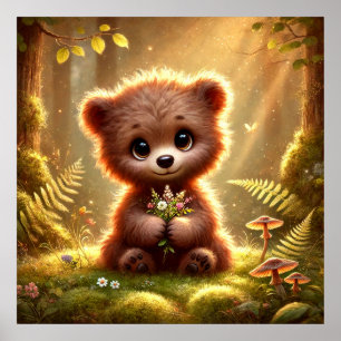 Niedlicher Kinderbär mit Blume im verzauberten Wal Poster