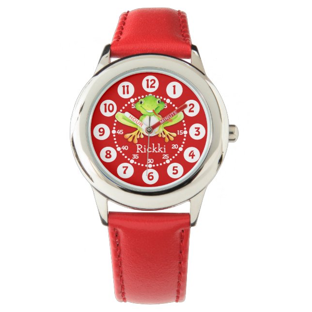 Niedlicher Kinderfrosch und Name Red Watch Armbanduhr (Vorderseite)