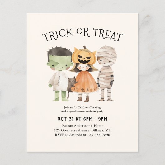 Niedlicher Kindertrick oder Kostümbehandlung Party (Vorderseite)