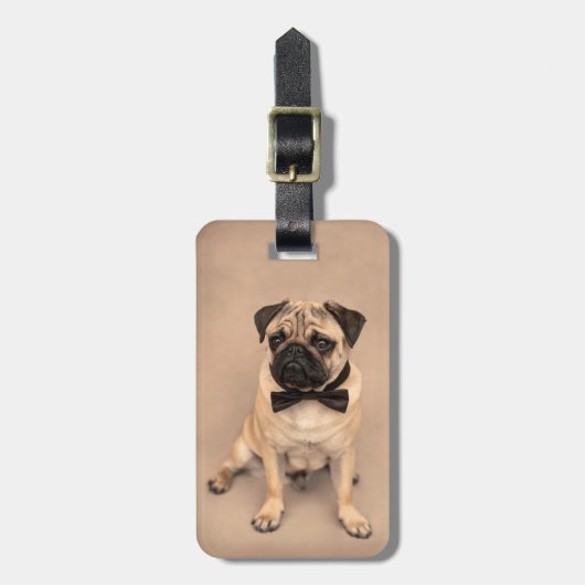 Niedlicher Kitz-Mops-Hund mit Bogen-Krawatte Gepäckanhänger (Vorderseite vertikal)