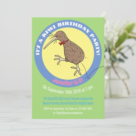 Niedlicher Kiwi-Springer-Cartoon Einladung (Stehend Vorderseite)