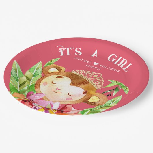 Niedlicher kleiner Affe ein Mädchen tropisch pink Pappteller (Schrägansicht)