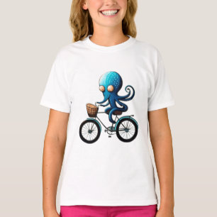 Niedlicher kleiner blauer Oktopus auf einem Fahrra T-Shirt