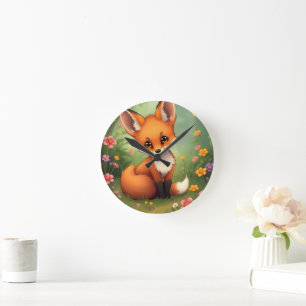 Niedlicher kleiner brauner Fuchs im Wald Runde Wanduhr