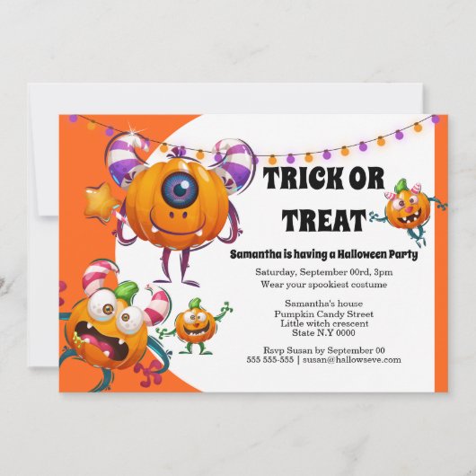 Niedlicher kleiner Cartoon Monster Kinder Hallowee Einladung (Vorderseite)