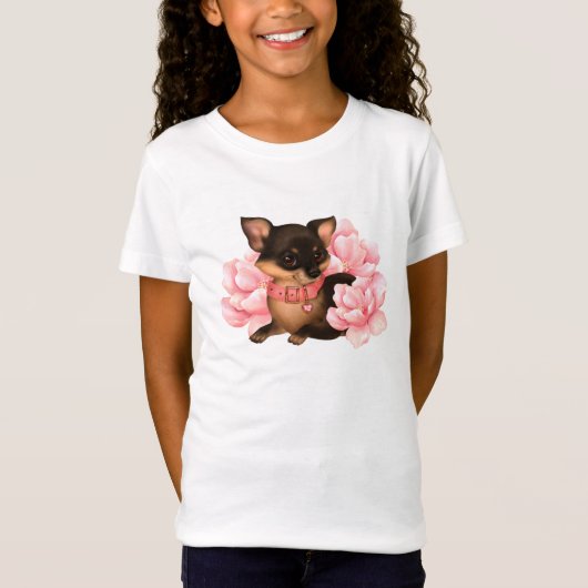 Niedlicher kleiner Chihuahua-Hund mit rosa Blume T-Shirt (Vorderseite)