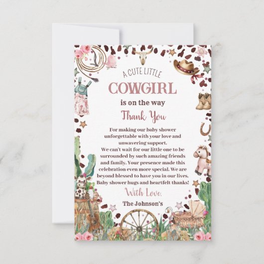 Niedlicher kleiner Cowgirl Western Watercolor Baby Dankeskarte (Vorderseite)
