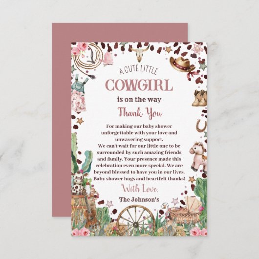 Niedlicher kleiner Cowgirl Western Watercolor Baby Dankeskarte (Vorne/Hinten)