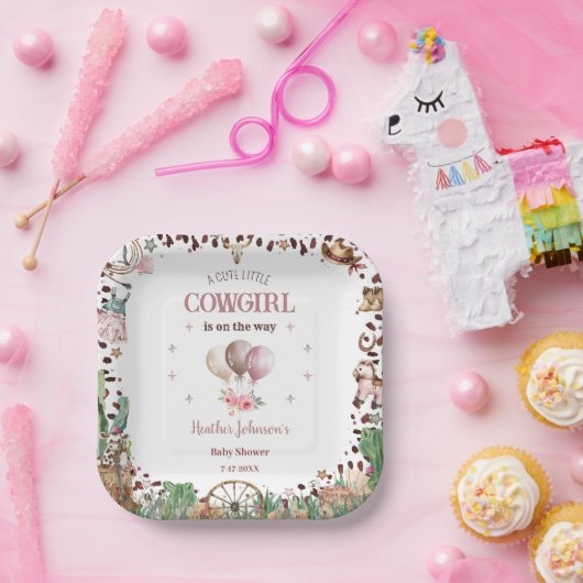 Niedlicher kleiner Cowgirl Western Watercolor Baby Pappteller (Party)