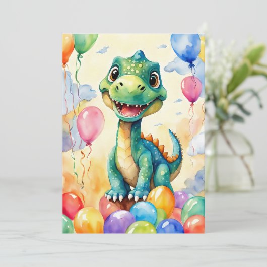 Niedlicher kleiner Dinosaurier mit viel farbenfroh Einladung (Stehend Vorderseite)