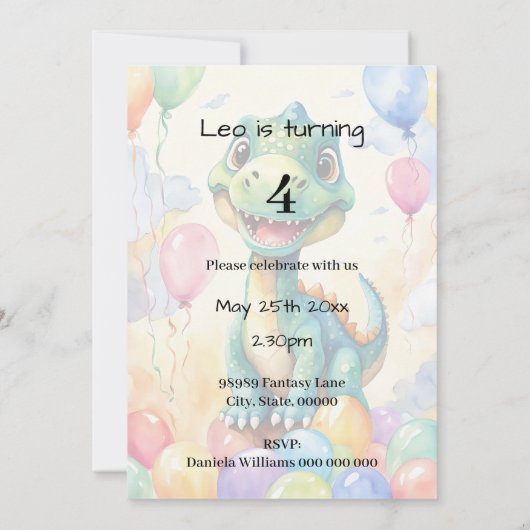 Niedlicher kleiner Dinosaurier mit viel farbenfroh Einladung (Rückseite)