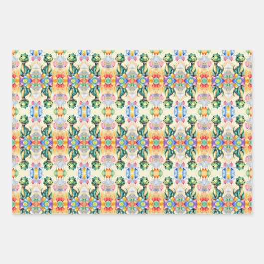 Niedlicher kleiner Dinosaurier mit viel farbenfroh Geschenkpapier Set (Vorderseite)