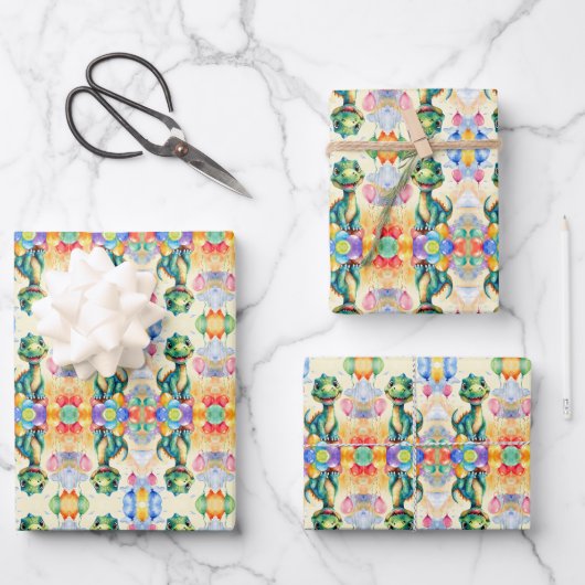 Niedlicher kleiner Dinosaurier mit viel farbenfroh Geschenkpapier Set (Vorderseite)