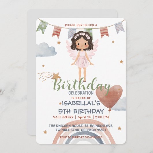 Niedlicher Kleiner Engel afro Girls Balloon Geburt Einladung (Vorne/Hinten)