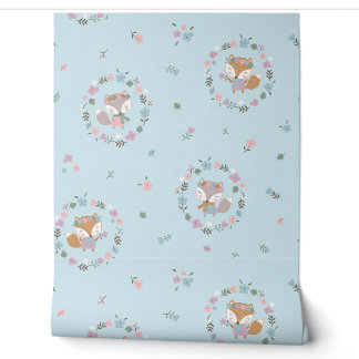 Niedlicher Kleiner Fall Fox mit Blume hellblau Tapete