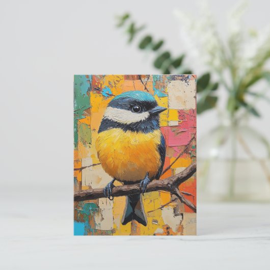 Niedlicher kleiner, farbiger Vogel am Zweig Postkarte (Stehend Vorderseite)
