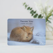 Niedlicher kleiner Fuchs hat das Foto im Winter au Dankeskarte (Stehend Vorderseite)