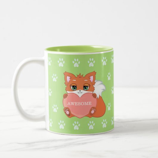 Niedlicher Kleiner Fuchs mit Herz- und Paw-Muster Zweifarbige Tasse (Links)