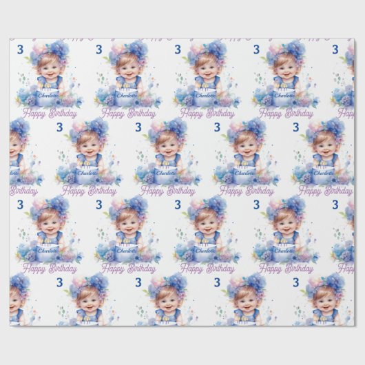 Niedlicher kleiner Girl Cake Add Name Age Geburtst Geschenkpapier (Flach)