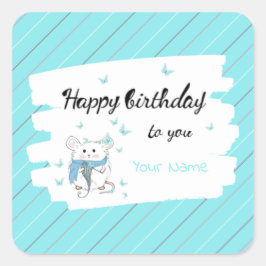 Niedlicher kleiner Hamster Blue Happy Birthday Quadratischer Aufkleber