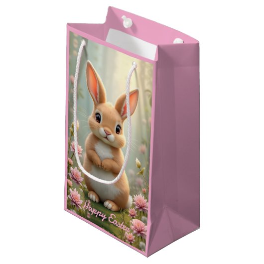 Niedlicher kleiner Hasen umgeben von Blume, Kinder Kleine Geschenktüte (Vorderseite Schrägansicht)