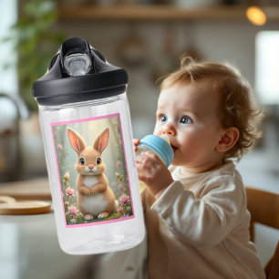 Niedlicher kleiner Hasen umgeben von Blume, Kinder Trinkflasche