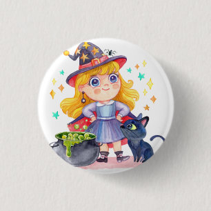 Niedlicher kleiner Hexe- und Schwarzkatzenspielbeu Button