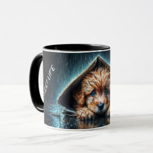 Niedlicher kleiner Hund am Regentag mit blauen Aug Tasse