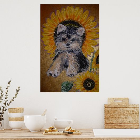 Niedlicher kleiner Hund und Sonnenblumen Poster (Küche)