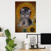Niedlicher kleiner Hund und Sonnenblumen Poster (Heimbüro)