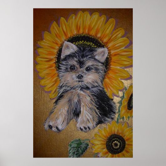 Niedlicher kleiner Hund und Sonnenblumen Poster (Vorne)
