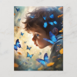Niedlicher kleiner Junge und blauer Schmetterling Postkarte