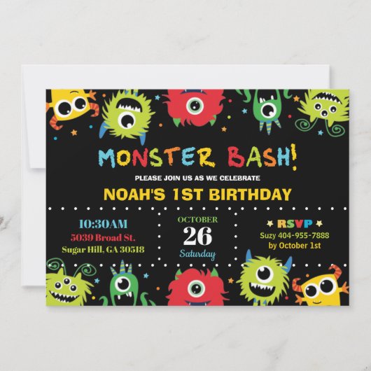 Niedlicher Kleiner Monster Bash Boy Geburtstag Ein Einladung (Vorderseite)